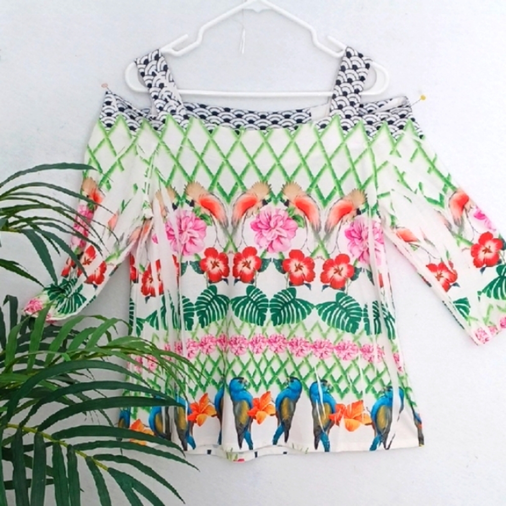 Impulse Multi Color Off-Shoulder Graphic Blouse, 3/4 Sleeve, Size MED